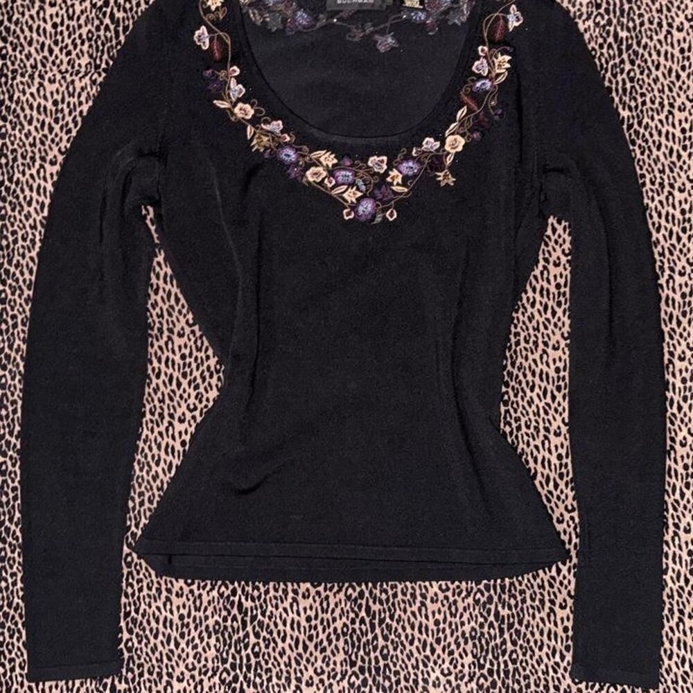 Dana Buchman Women's Blouse with Purple and Gold Floral Embroidery Size S